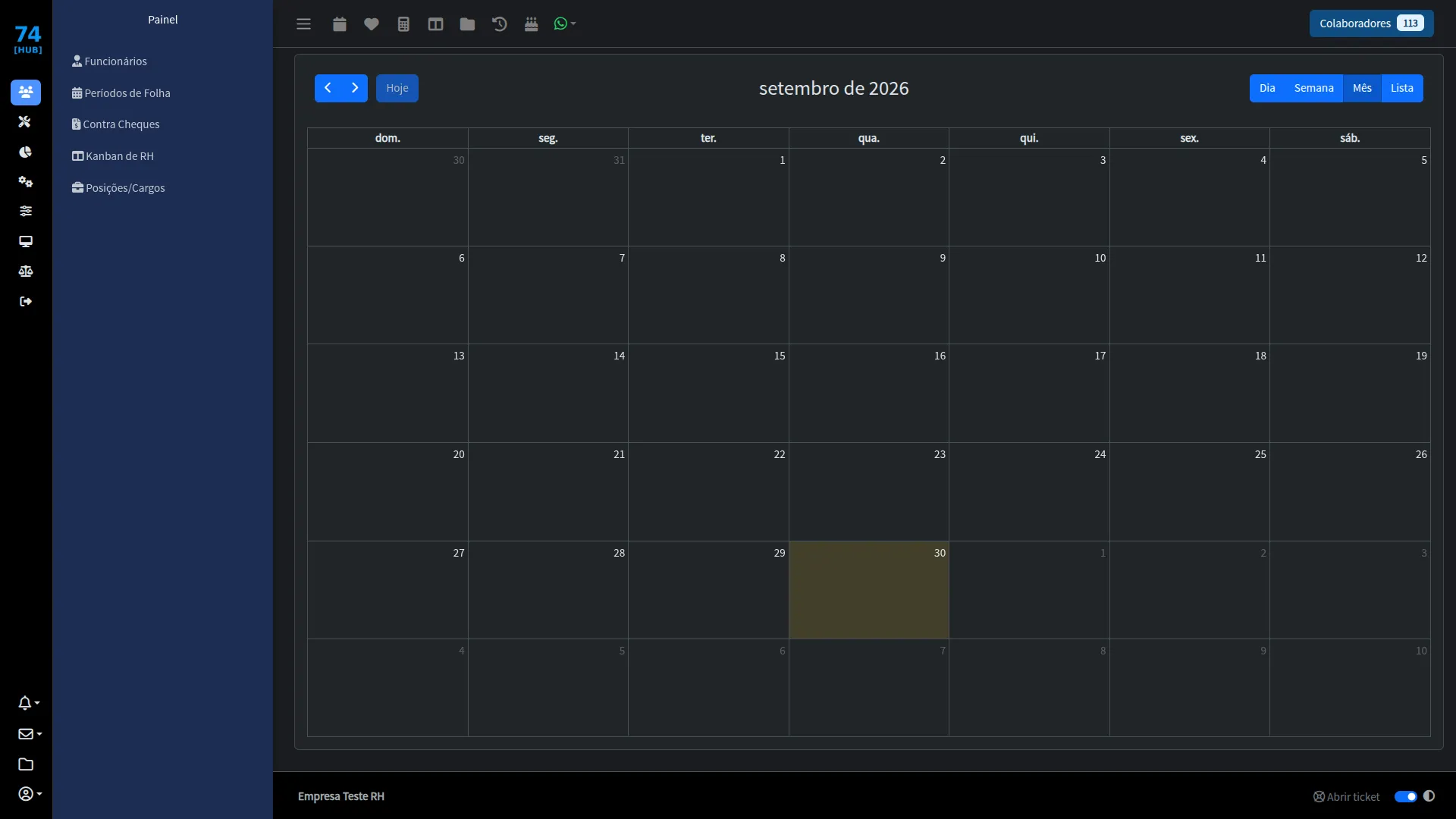 Tela do sistema 74 Hub-RH: Calendário operacional