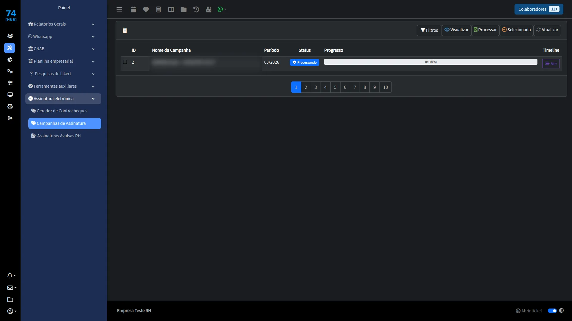 Tela do 74 Hub-RH: Campanhas de assinatura digital no Hub-RH