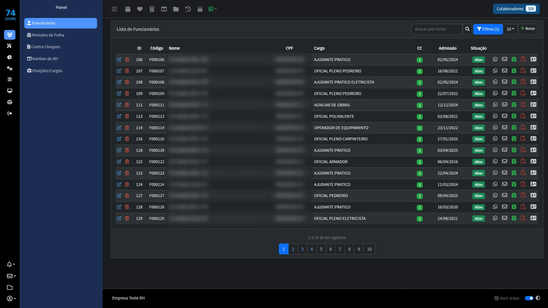 Tela do sistema 74 Hub-RH: Gestão de colaboradores