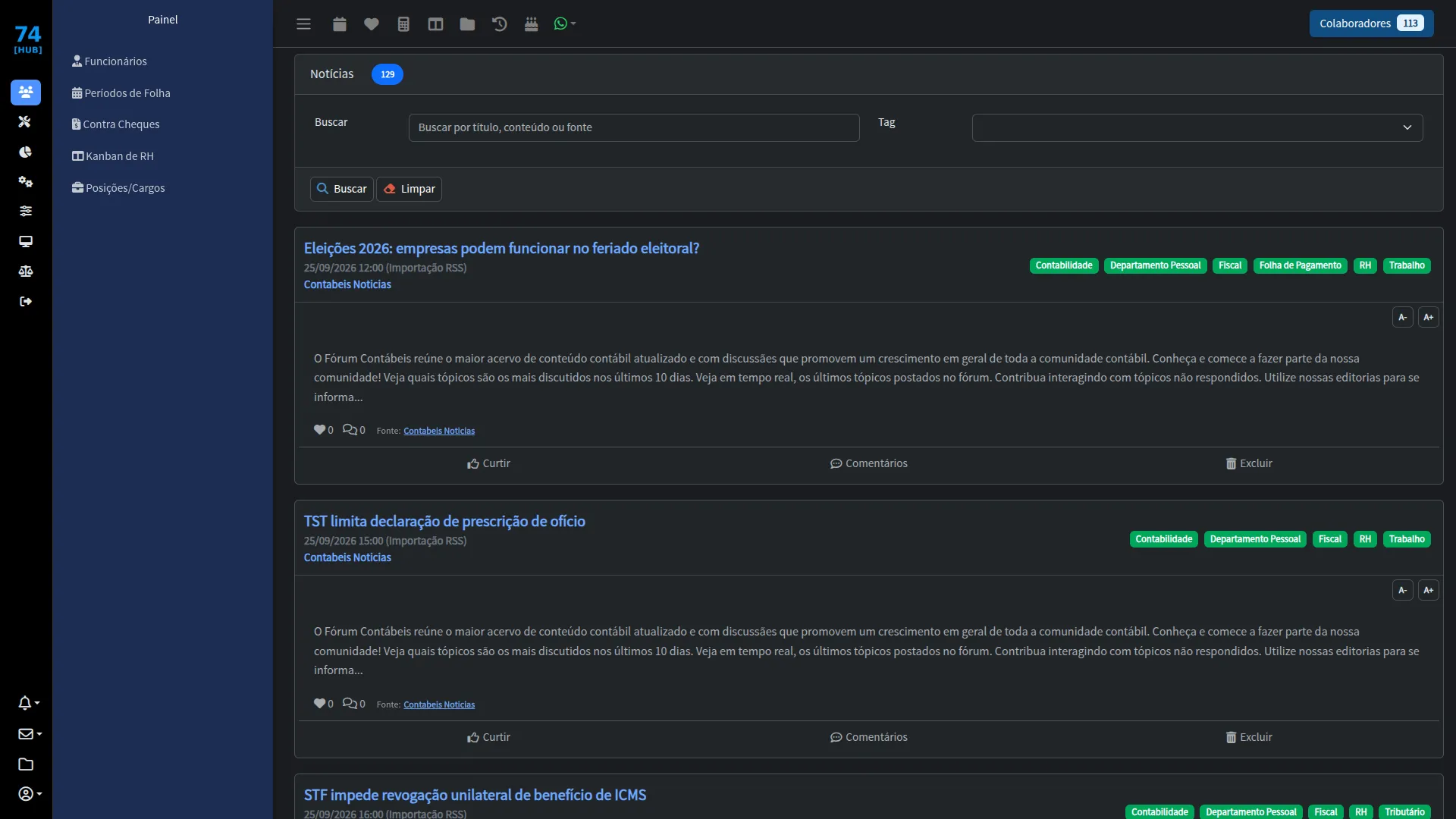Tela do 74 Hub-RH: Central de notícias e atualizações para RH no Hub-RH