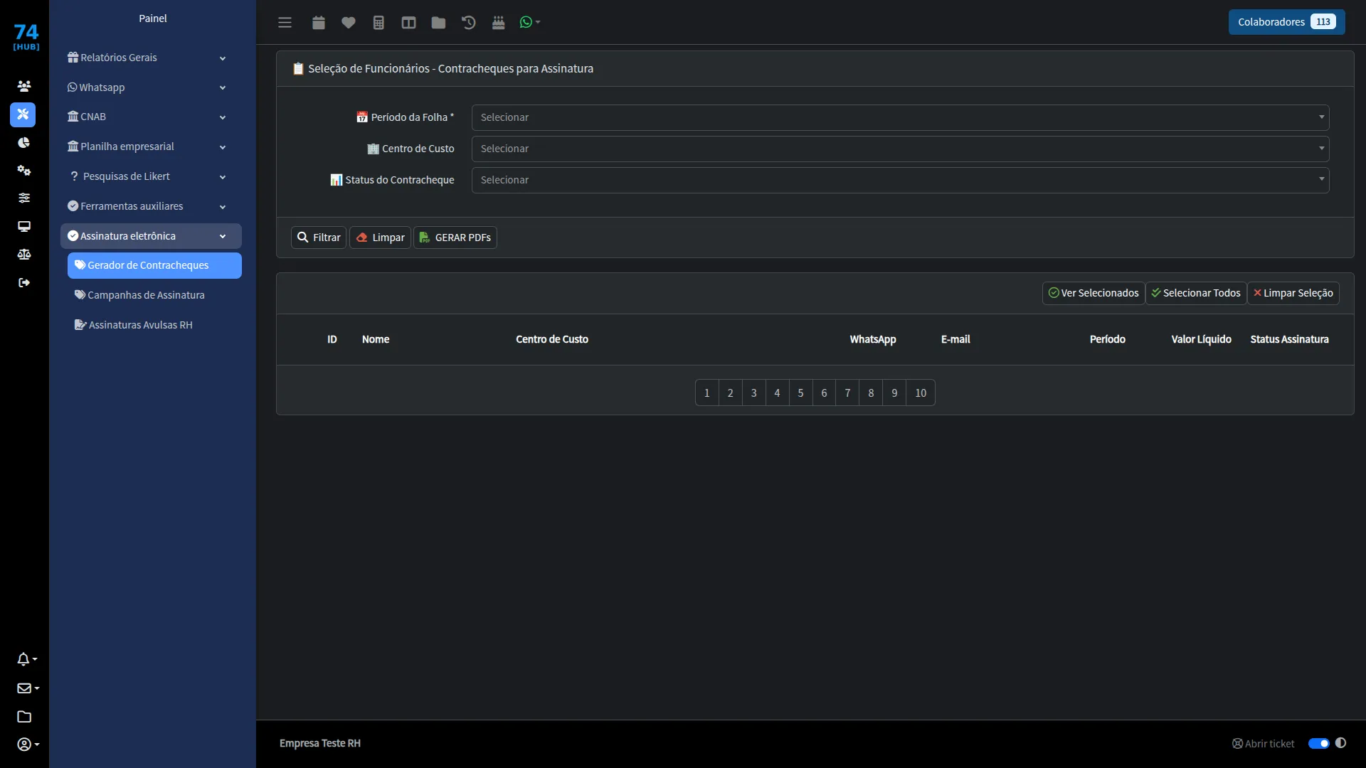 Tela do sistema 74 Hub-RH: Gerador de contracheques