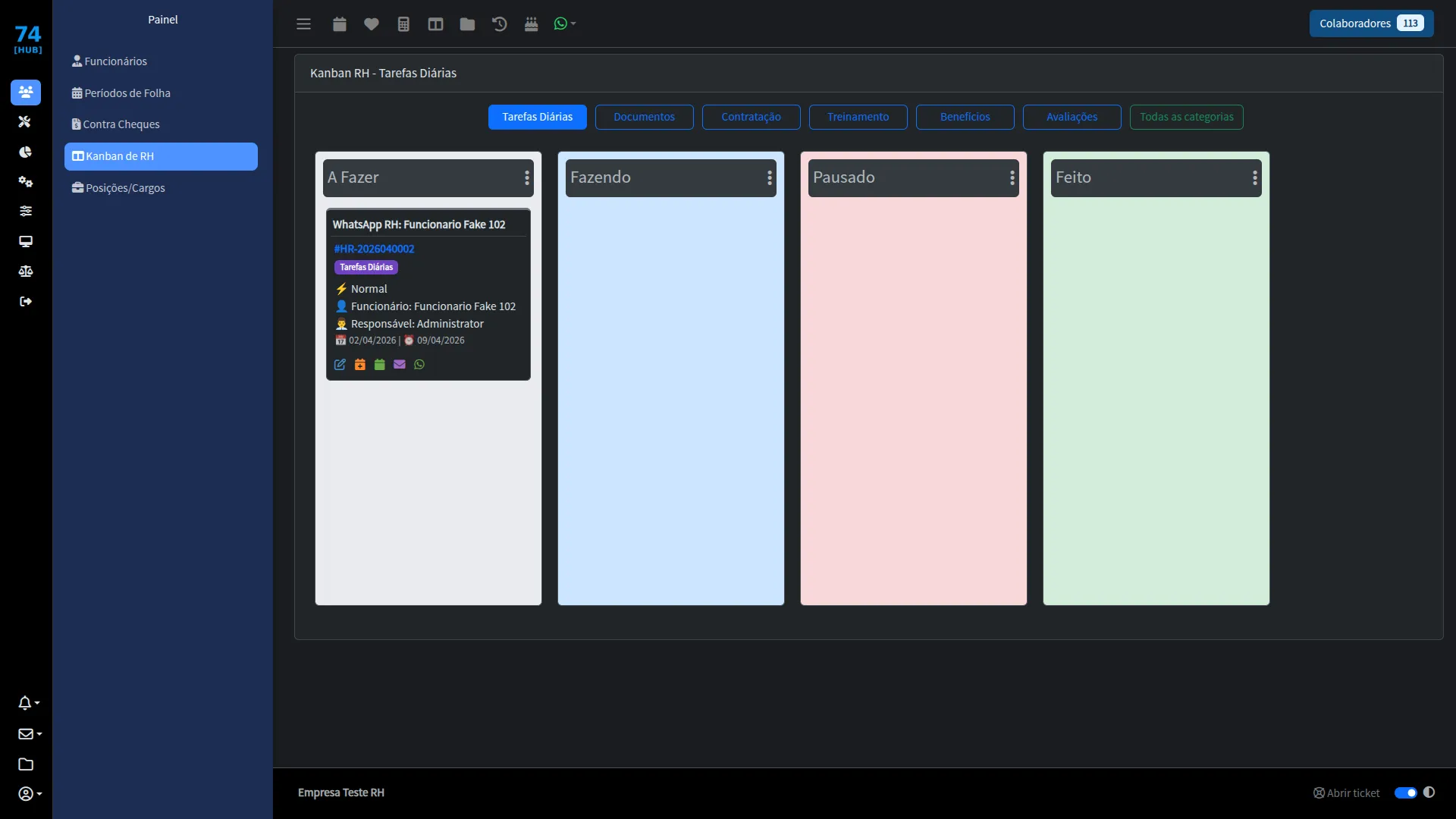 Tela do 74 Hub-RH: Kanban para organizar tarefas de RH