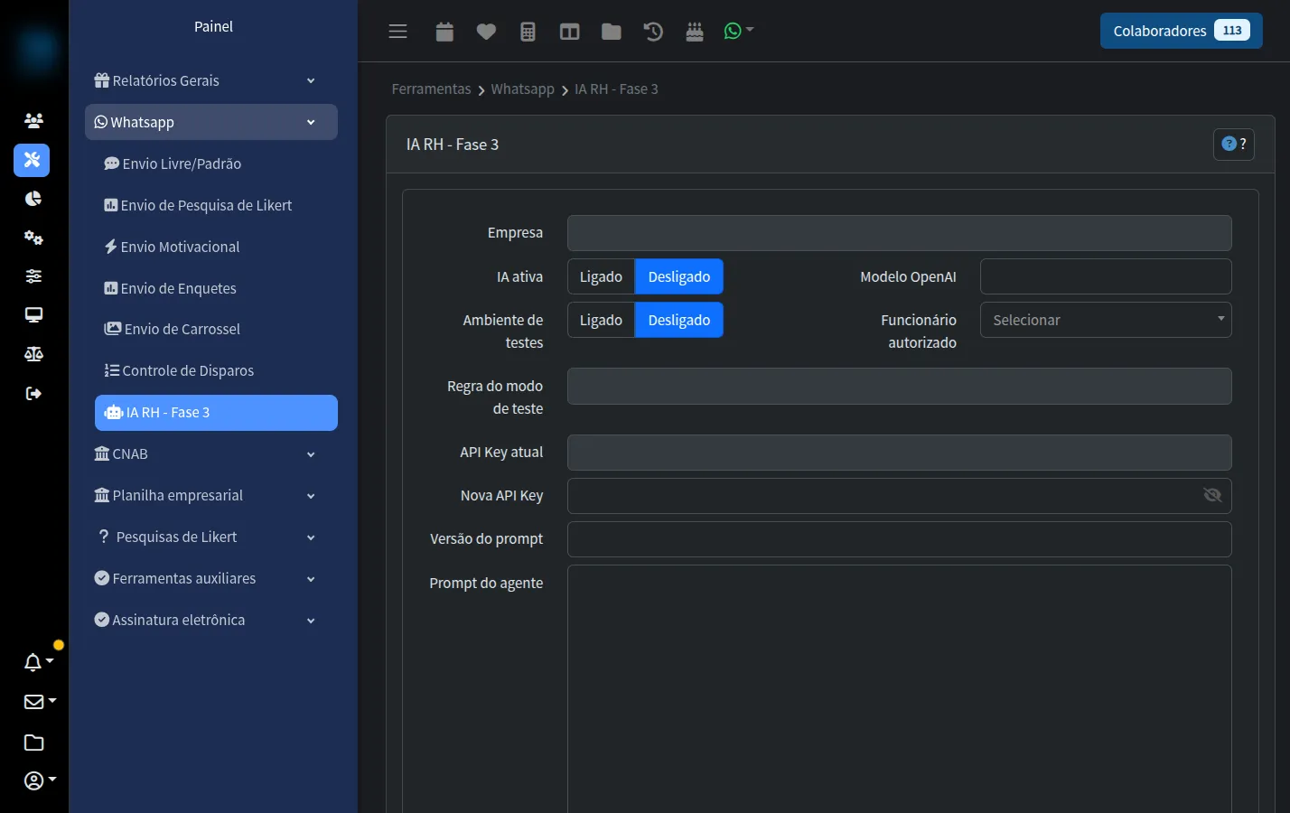 Tela do 74 Hub-RH: Triagem inicial com inteligência artificial pelo WhatsApp no Hub-RH